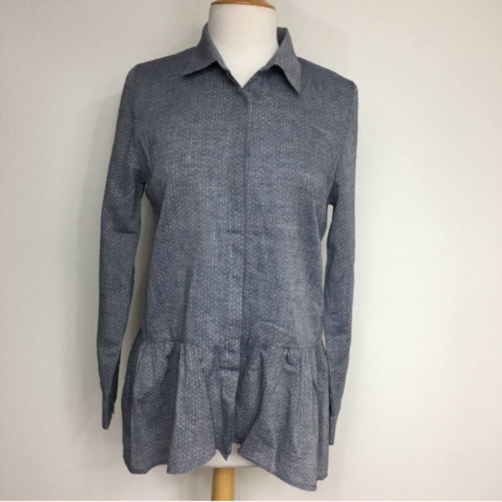 Anthropologie Sunday In Brooklyn Grey Blue Polka Dot Peplum Button Blouse Size S